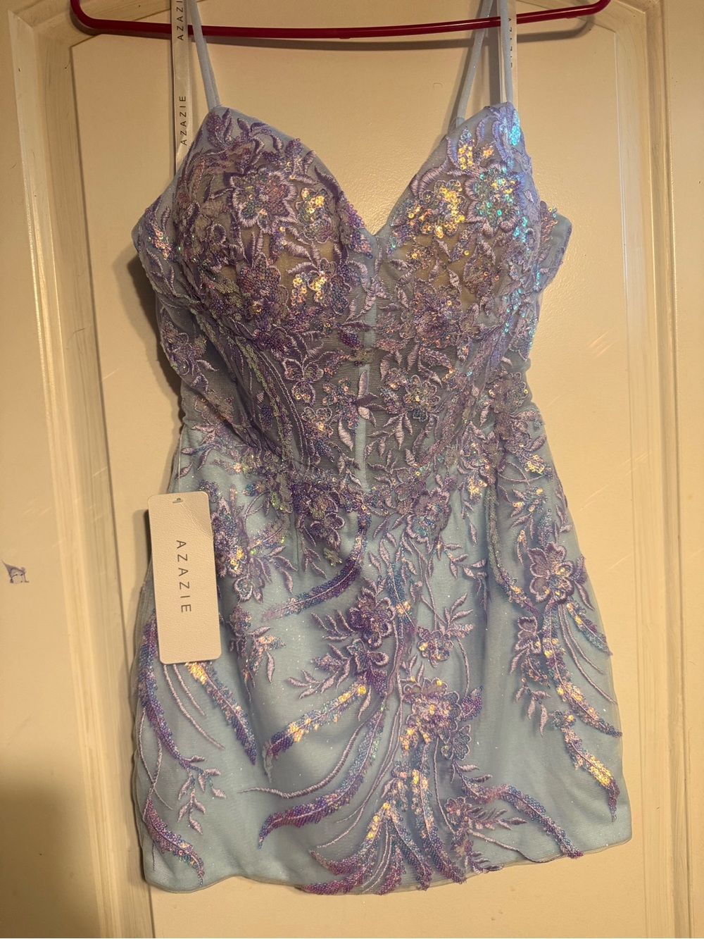 Azazie Lilac and Light Blue Embroidered Mini Dress